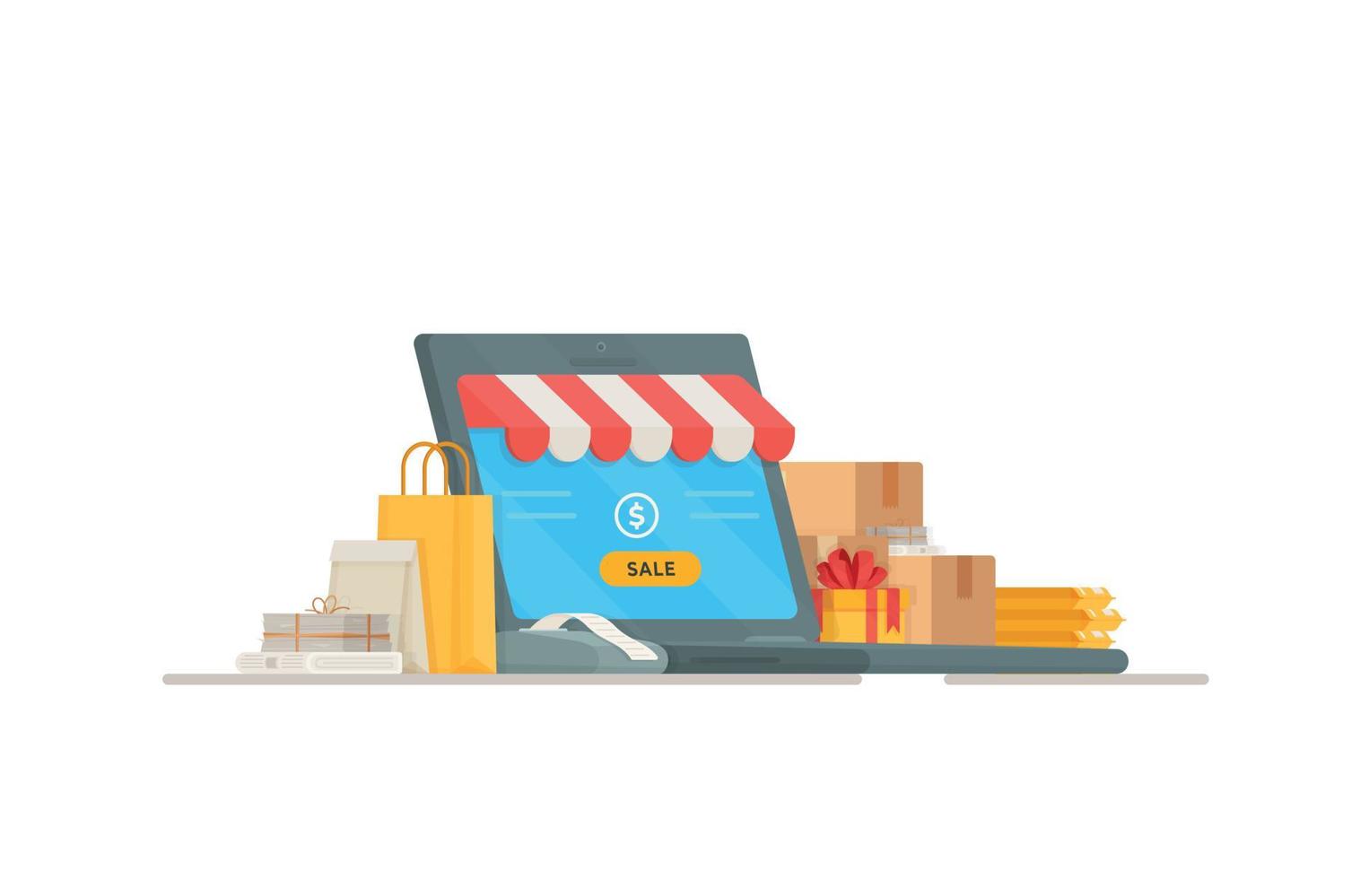 ilustración vectorial de la caja registradora. compras en una tienda. compras y pago. Ventas en línea en las tiendas. vector