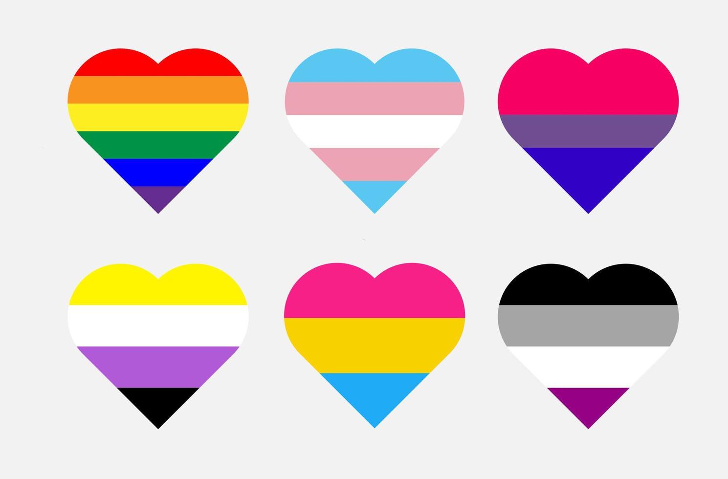 Sexual identity flags in heart shape. Vector illustration isolated on white background.