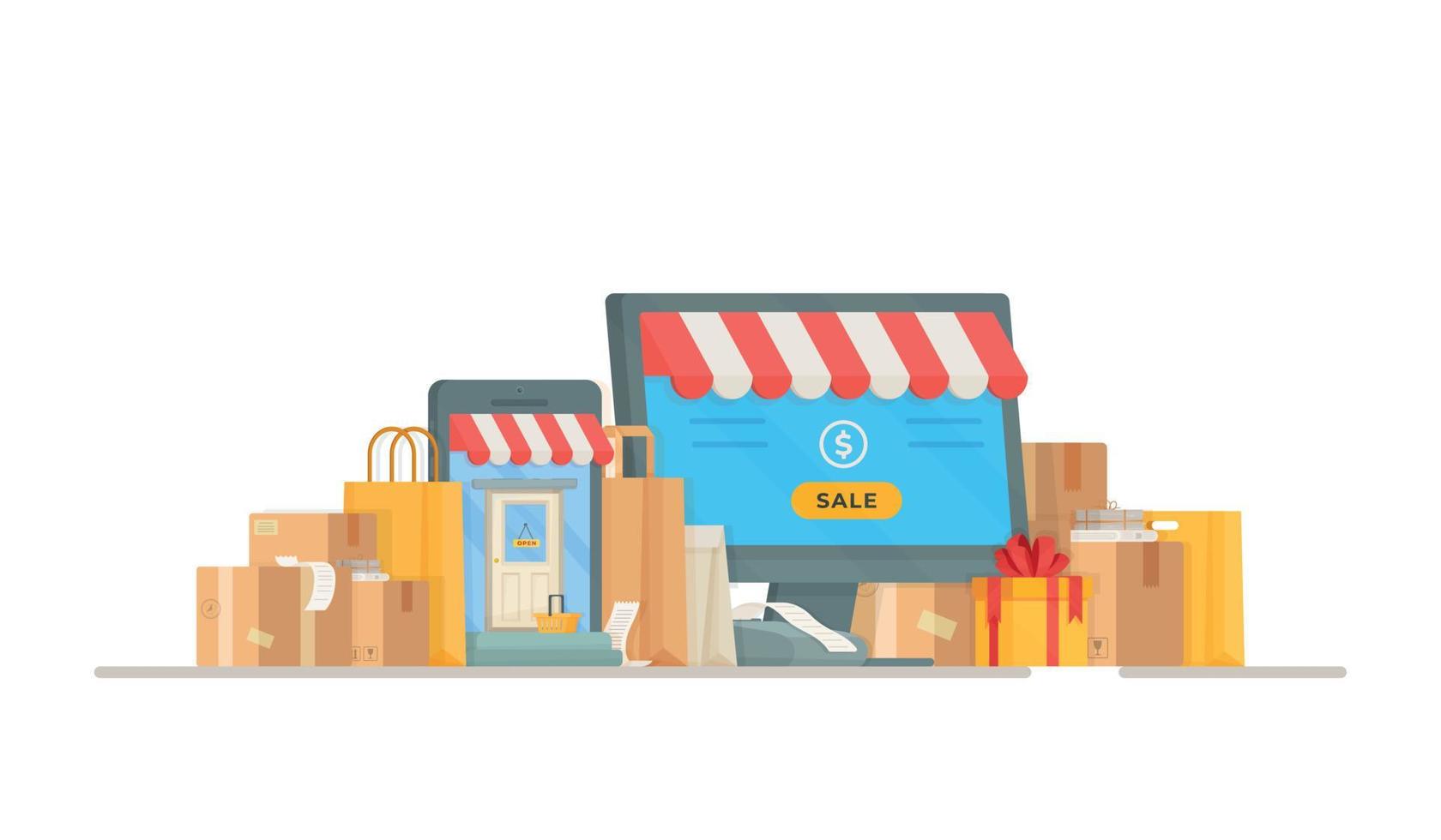 Vector illustration of a post office register. Online shopping. Shopping in the store. Drawing of bags and boxes standing at the entrance to the store.