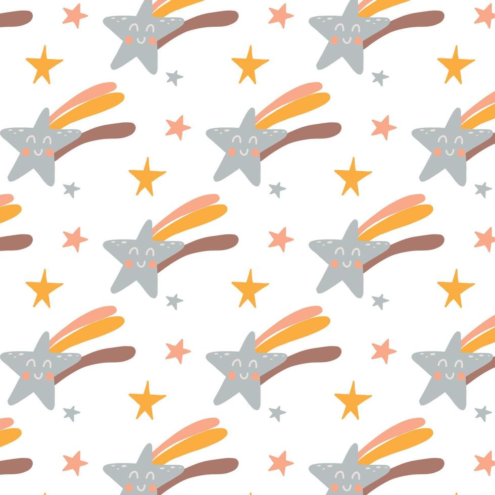 Vector pattern with cute shooting star in baby boho style. Print for childrens fabrics. Shining star pattern.