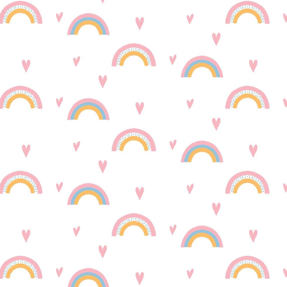 Vector pattern with rainbows and hearts. Cute childish pattern with rainbows.