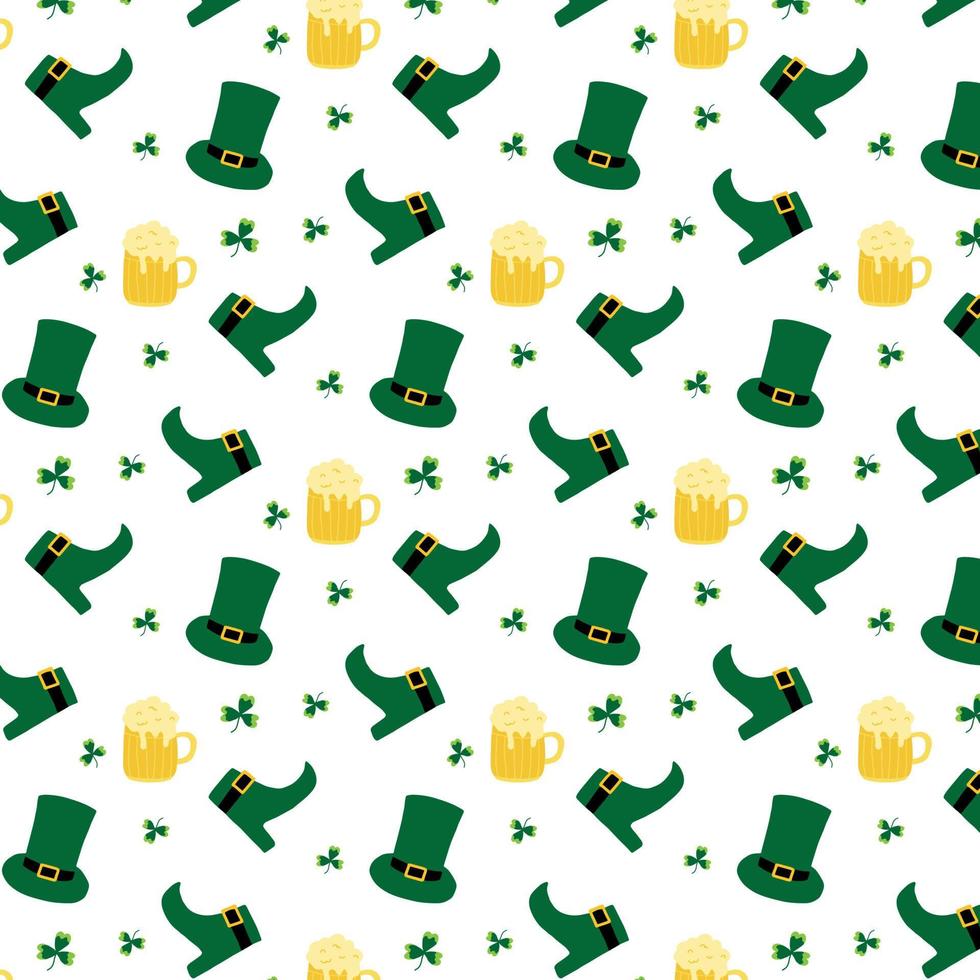 Vector pattern for St. Patrick's Day. Pattern with green hat, clover and beer.