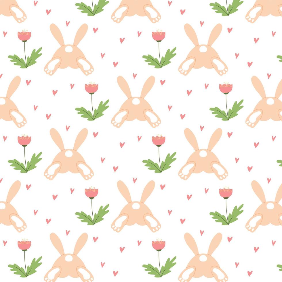 sin fisuras con la ilustración de vector de conejo, corazones y flores. conejito de pascua en un patrón. sin fisuras con conejos y flores para pascua.