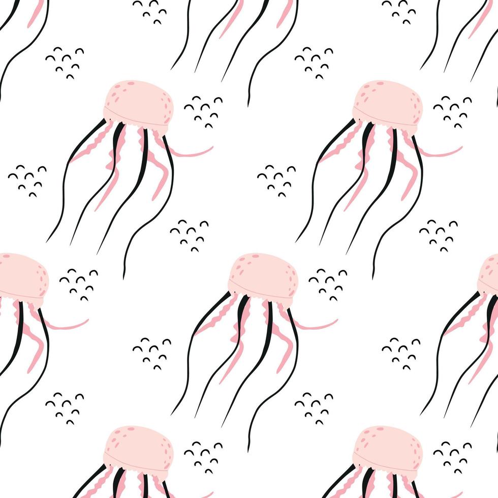 Childrens pattern with pink jellyfish. Pattern with cute jellyfish in cartoon style. vector