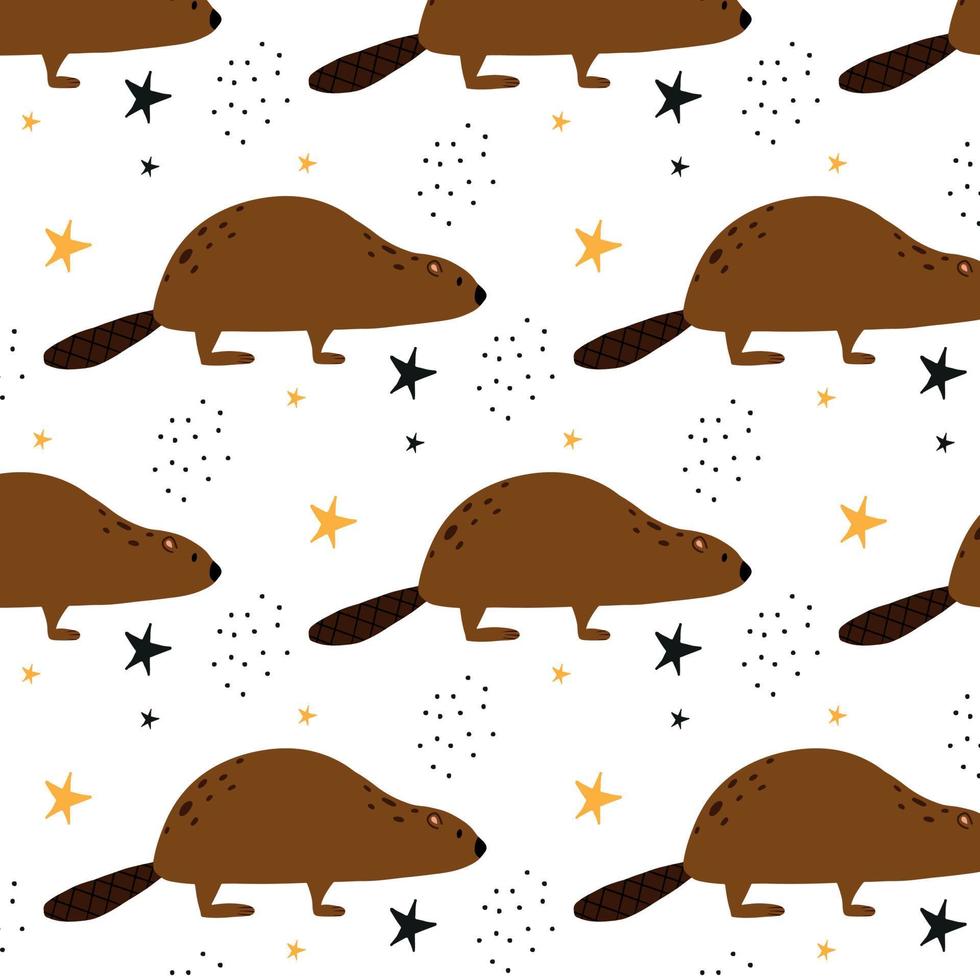 Childrens pattern with flowers and stars. Patern with a cute beaver. vector
