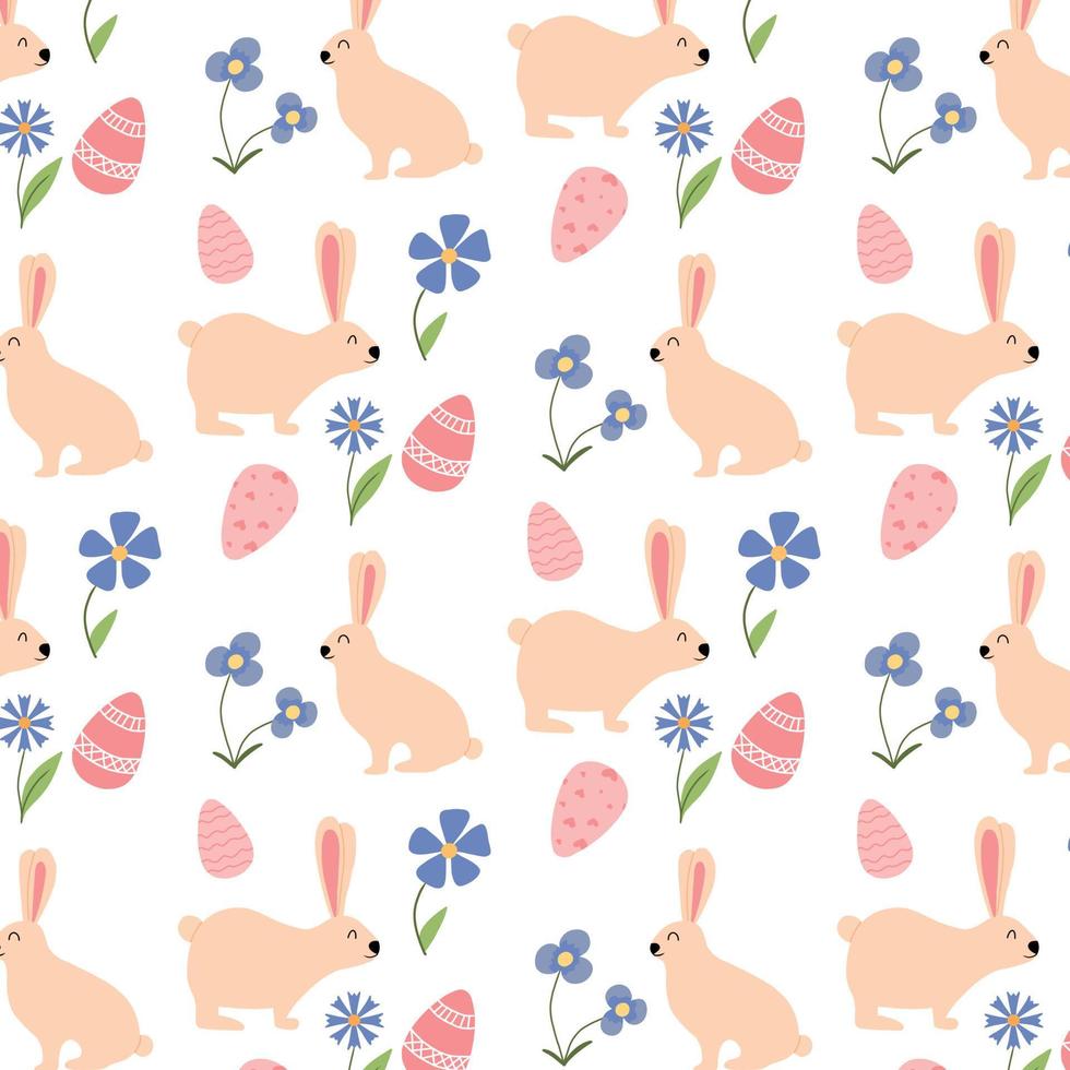 Vector seamless pattern with easter bunny and eggs. Cute Easter pattern with bunny and flowers.