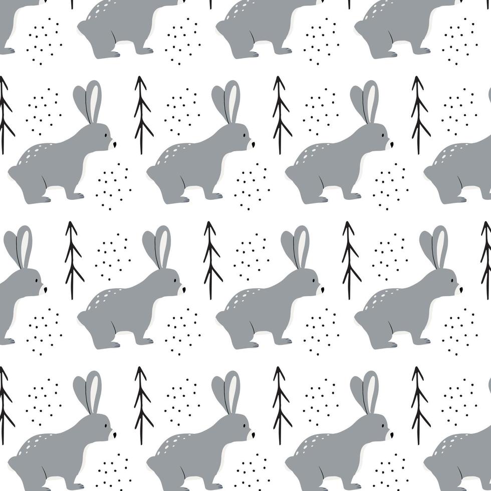 Vector pattern with hares. Children's hand-drawn pattern with hares. Blue cute hares in the forest.Pattern for fabrics, open, prints.