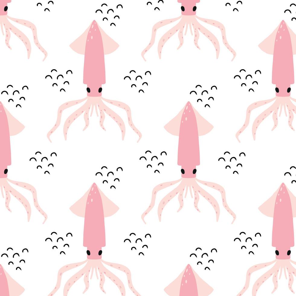 Childish pattern with pink squid. Hand-drawn pattern with squid. vector