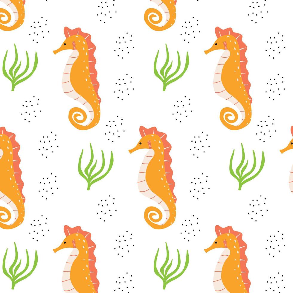 Childrens pattern with seahorse and seaweed. Hand-drawn pattern with bright seahorse in cartoon style. vector