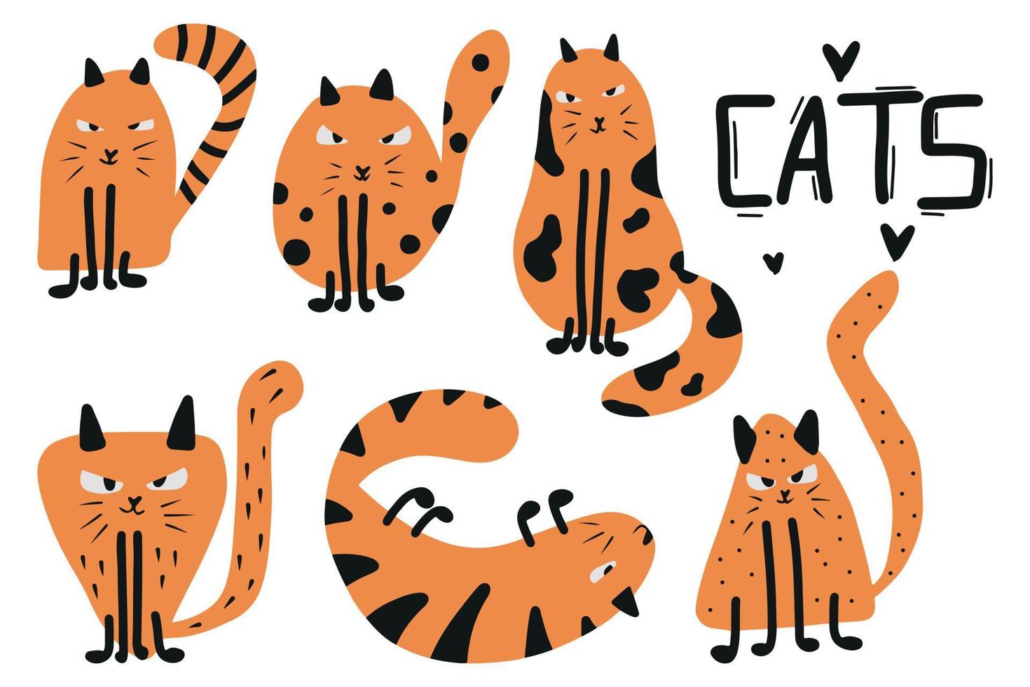 Vector set of cute ginger cats. Vector illustration of angry cats.