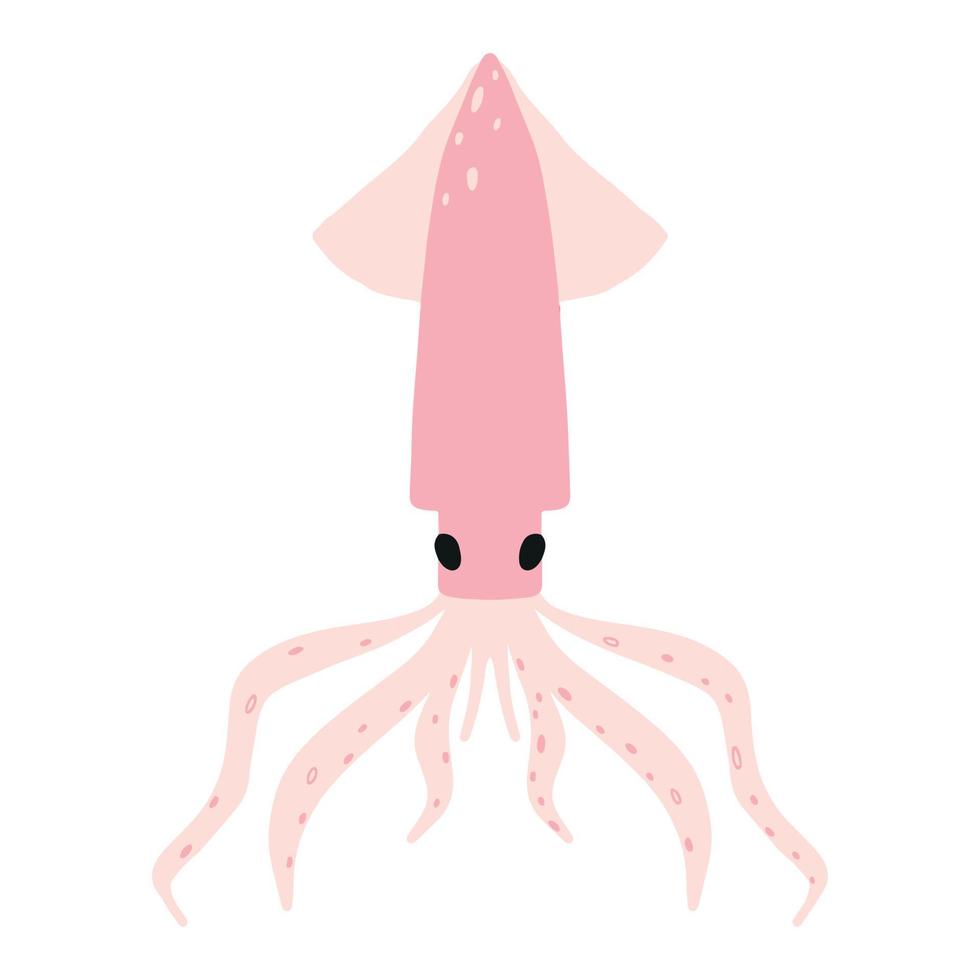 Childrens illustration of pink squid isolated on white background. Hand-drawn squid in cartoon style. vector