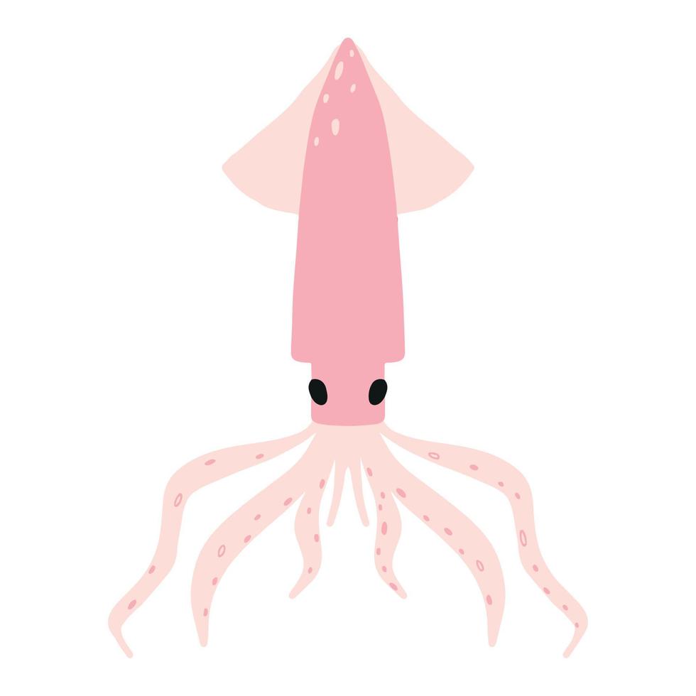 Childrens illustration of pink squid isolated on white background. Hand-drawn squid in cartoon style. vector