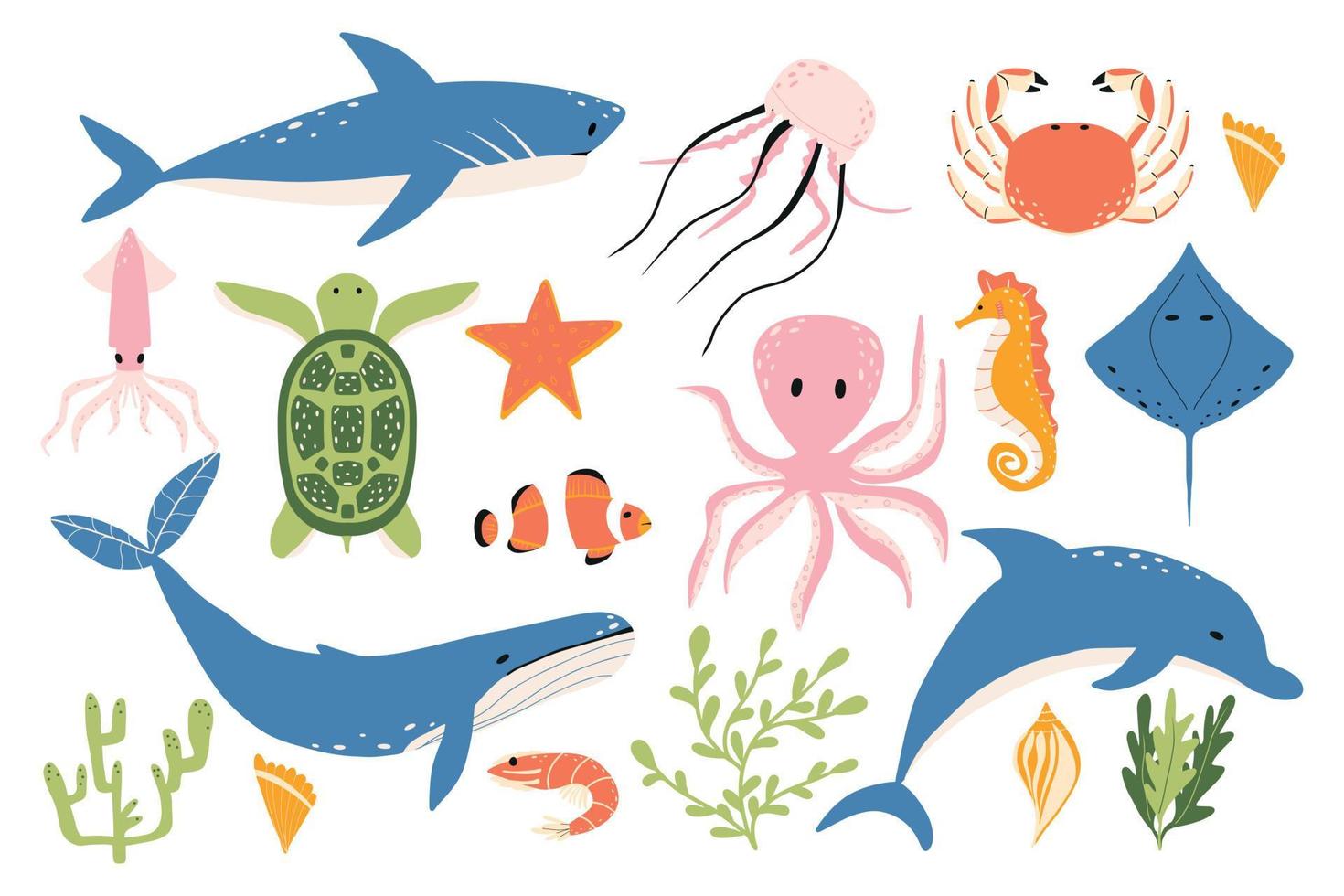 Vector illustration of cute sea animals. Vector set of sea animals. Dolphin, shark, whale, turtle, octopus, crab, jellyfish.