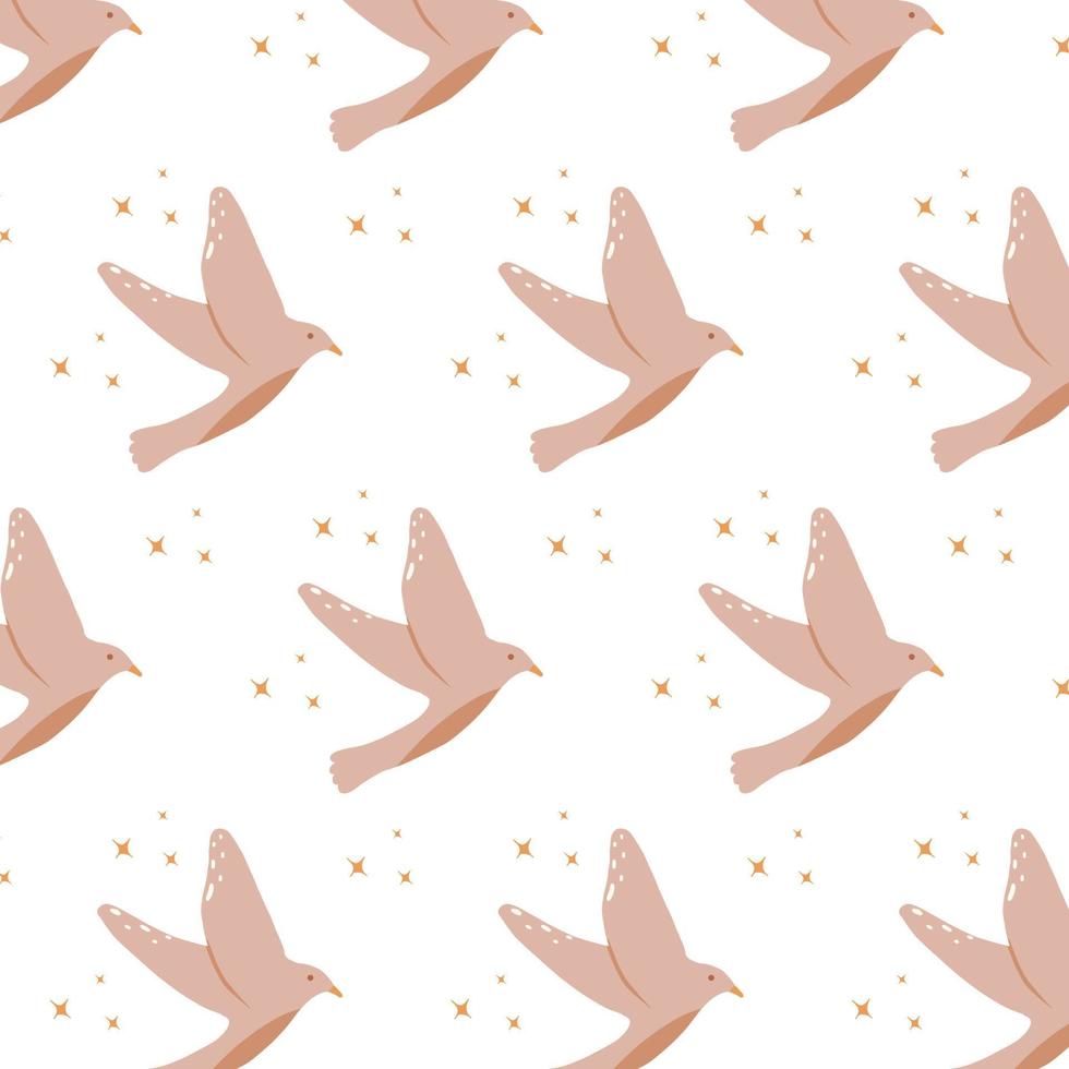 Vector pattern with birds in kids boho style. Pattern with bird and stars.