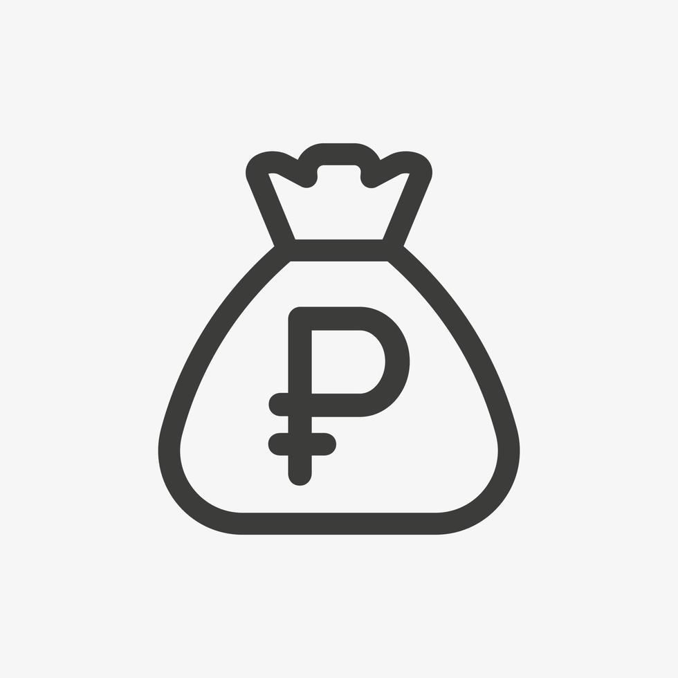 icono de rublo. símbolo de moneda rusa. saco con rublo ruso aislado sobre fondo blanco. pictograma de vector de icono de contorno de bolsa de dinero.