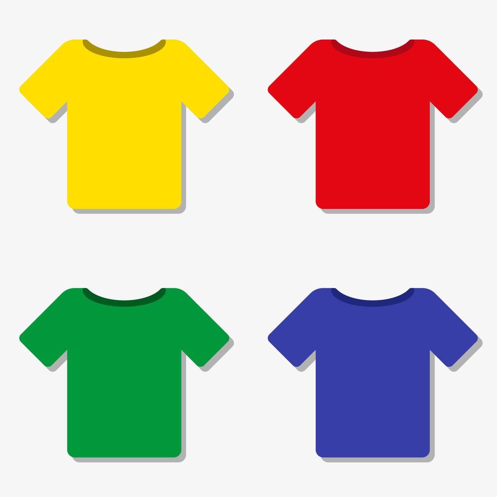 Vector illustration of t-shirts in four different colors with shadow on white background.