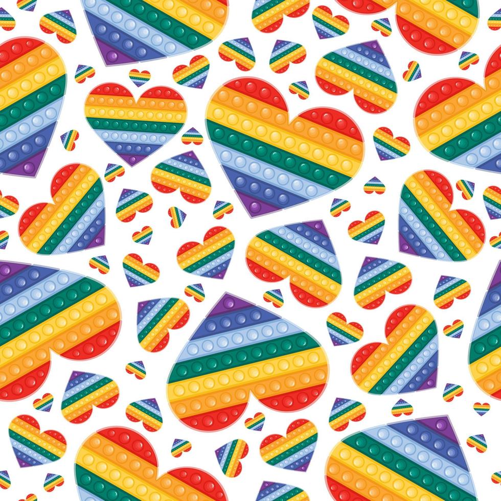 Vector seamless pattern with trendy Pop it fidget toy in rainbow colors. Heart shaped plaything with push bubbles, antistress toy for kids and adults.