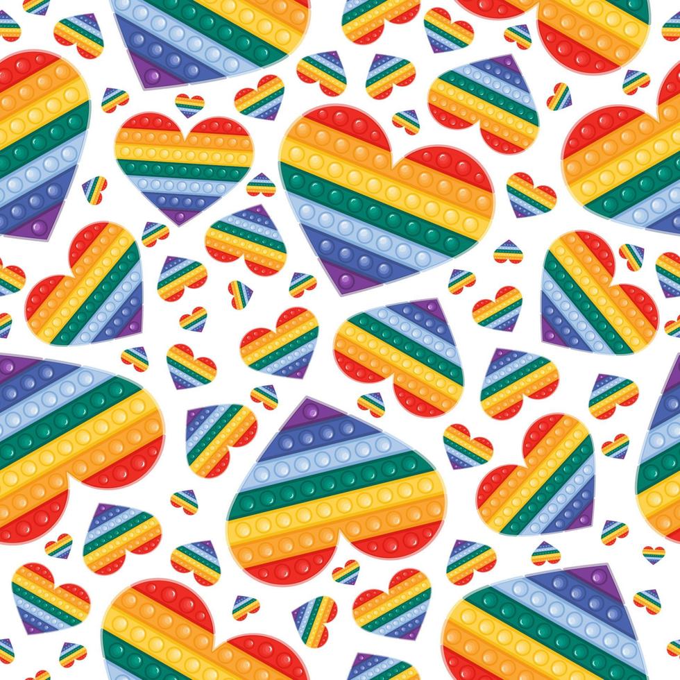 patrón vectorial sin costuras con un moderno juguete pop it fidget en colores del arco iris. Juguete en forma de corazón con burbujas de empuje, juguete antiestrés para niños y adultos. vector