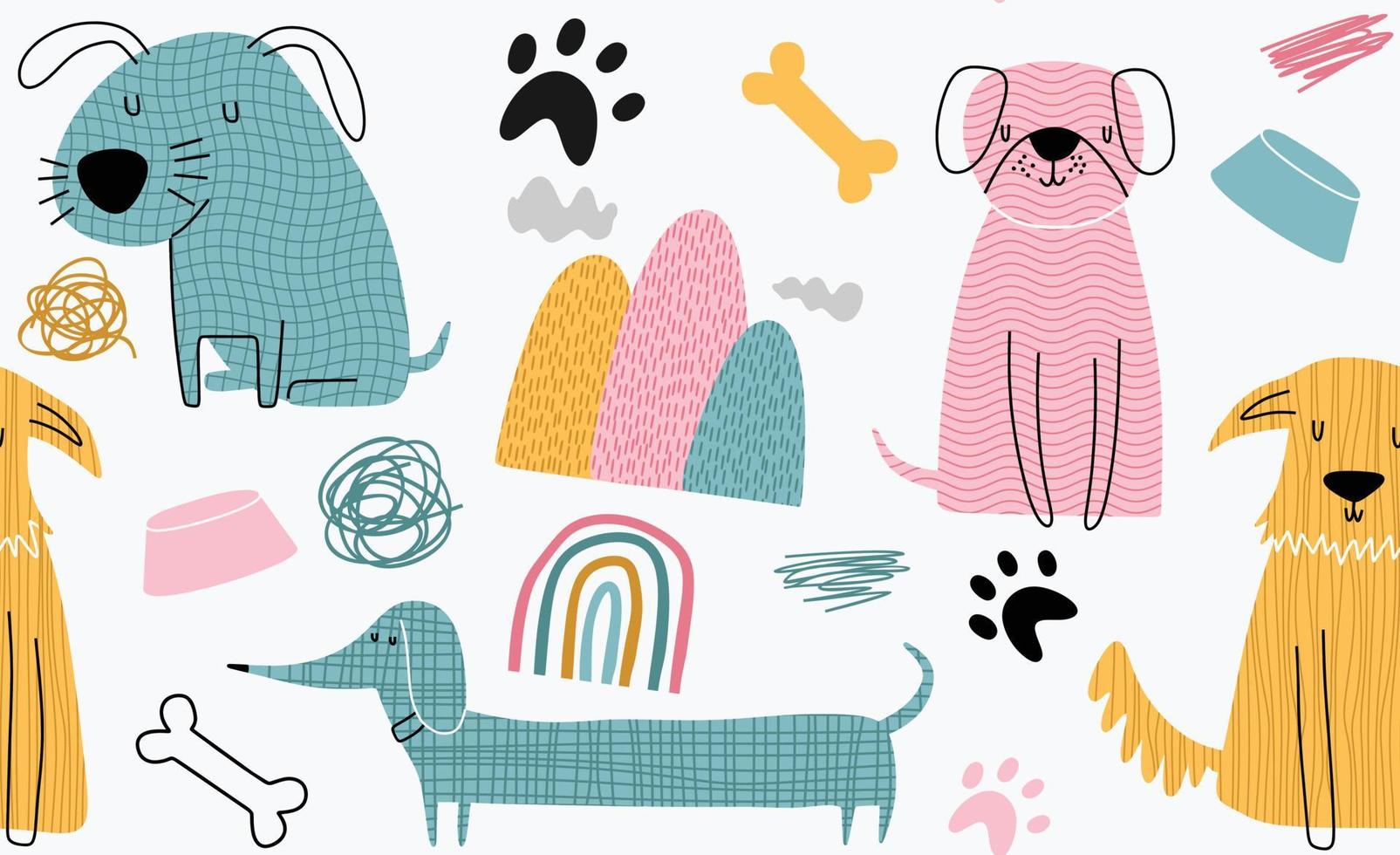 Childish seamless pattern with funny dogs. vector