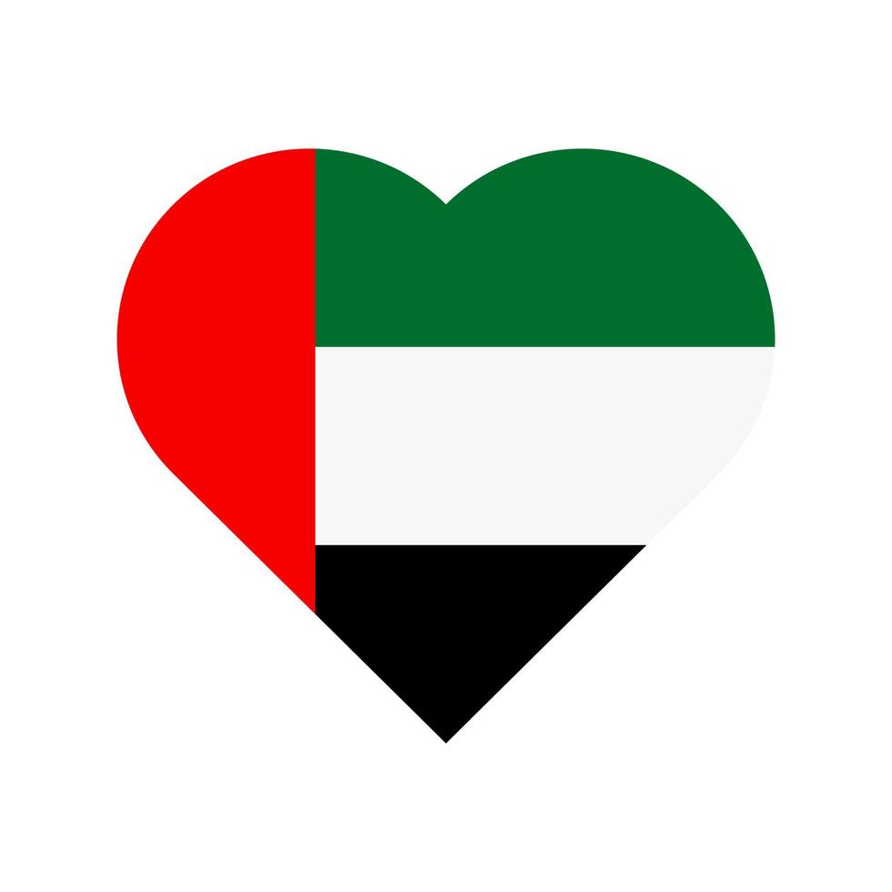 The flag of the United Arab Emirates in a heart shape. UAE flag vector icon isolated on white background.