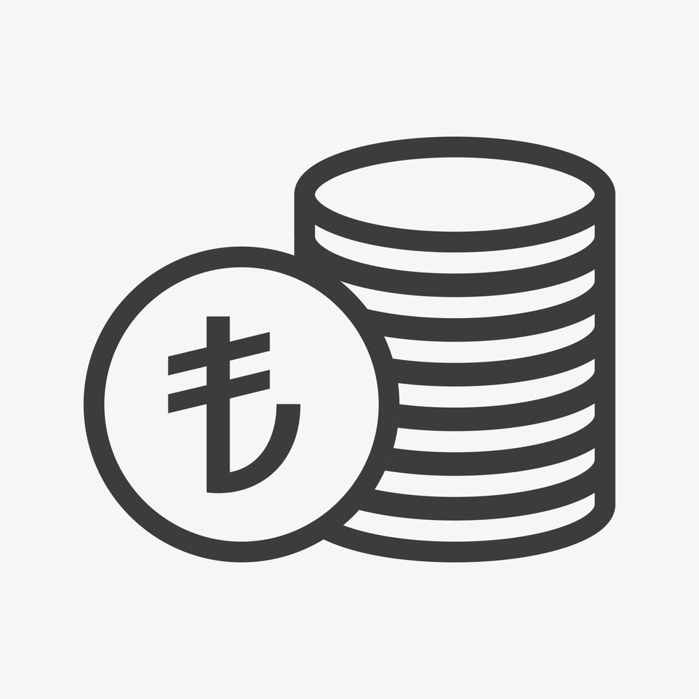 Turkish lira icon. Money outline vector illustration. Pile of coins icon isolated on white background. Stacked cash. Turkish currency symbol.