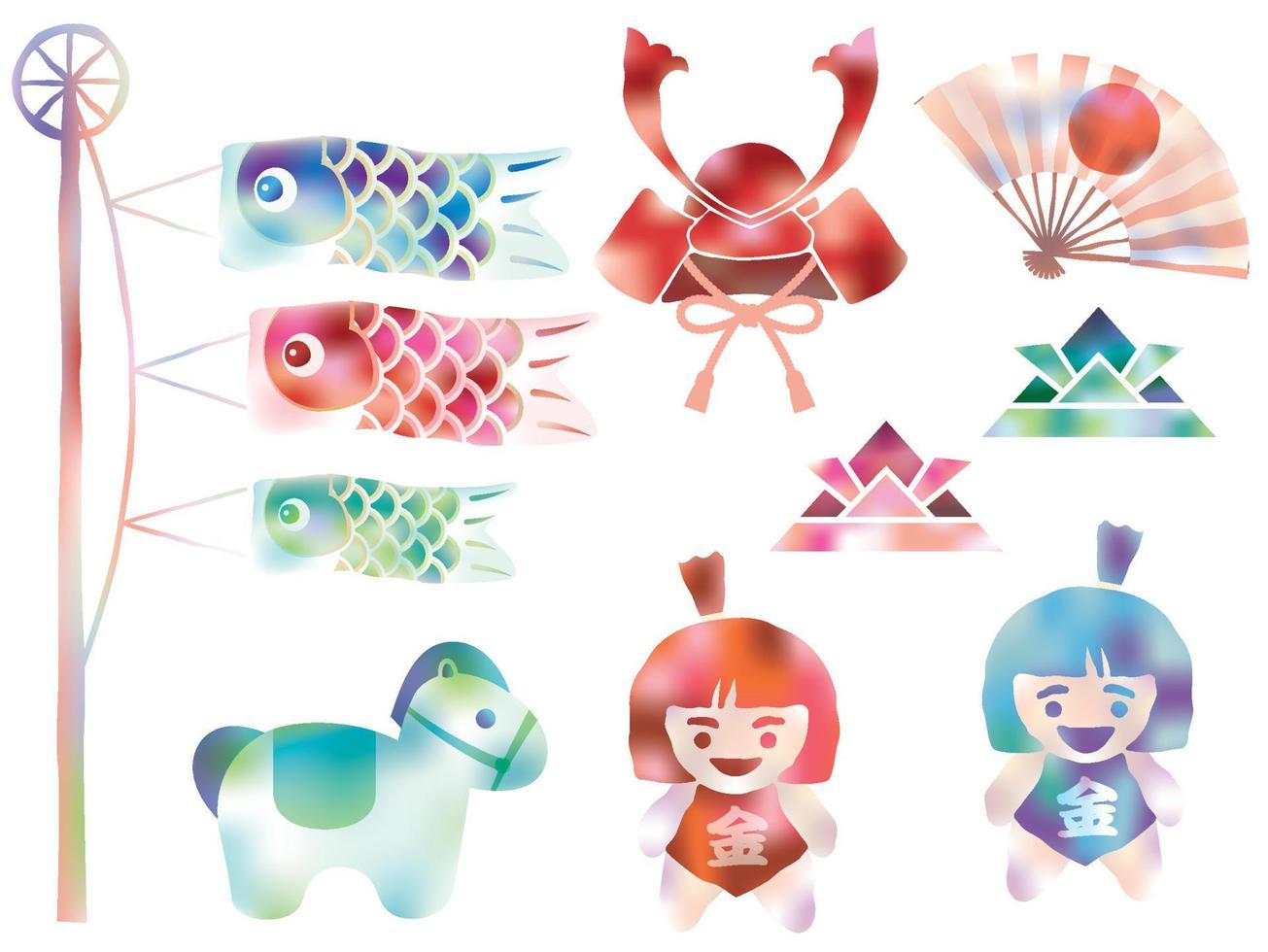 Vector Watercolor Illustrations Set For The Japanese Boys Festival Isolated On A White Background.