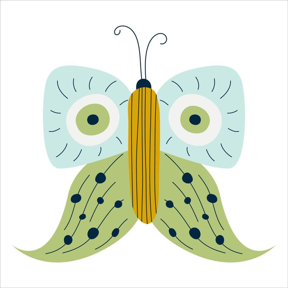 Scandinavian butterfly isolated. Insect with green wings and dots. Flat vector illustration. Butterfly for kids design. Vector hand drawn trendy cartoon illustration.