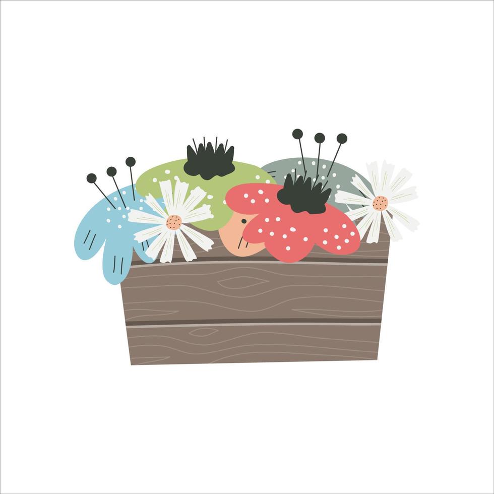 Scandinavian flowers in a wooden box for a window isolated on a white background.Daisy and simple flowers for children's design. Box for a small garden. vector
