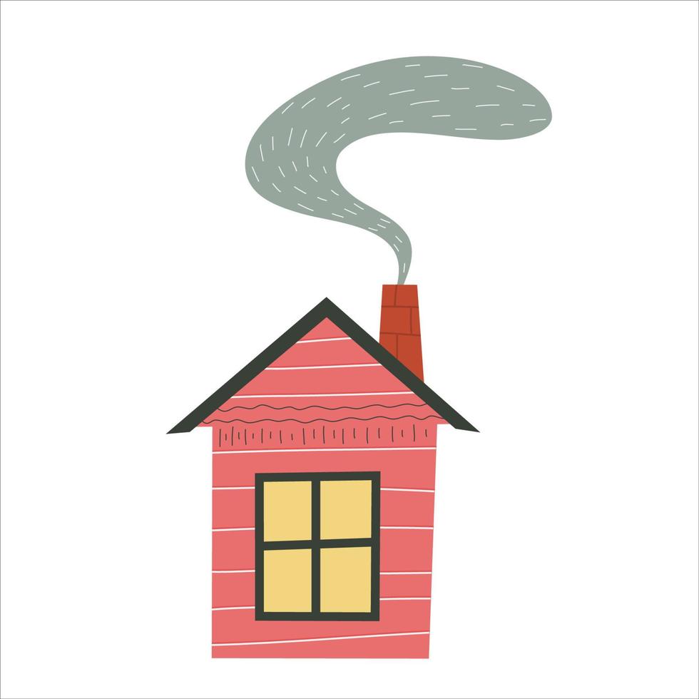 casa escandinava con ventana y humo aislado sobre fondo blanco. techo con chimenea. diseño infantil plano. ilustración de moda dibujada a mano. casa de colores vector