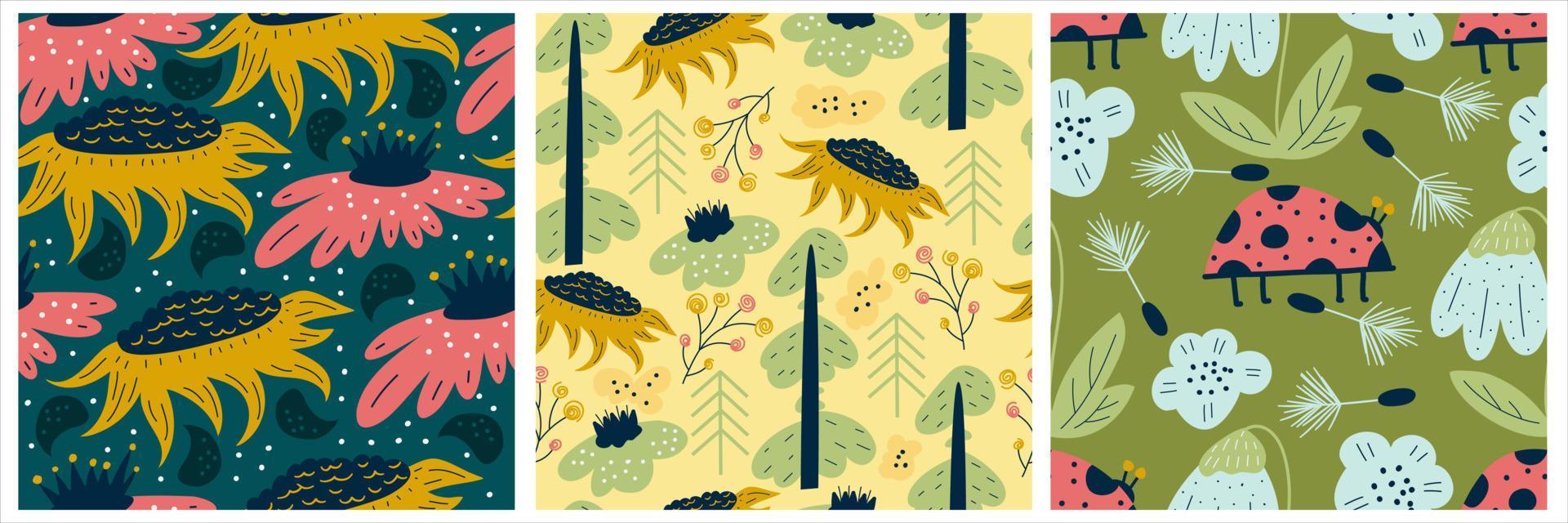Scandinavian set of spring patterns with sunflowers, ladybugs and tree. Seamless pattern with insects and flower. Vector illustration design. Summer floral scandinavian nursery print design