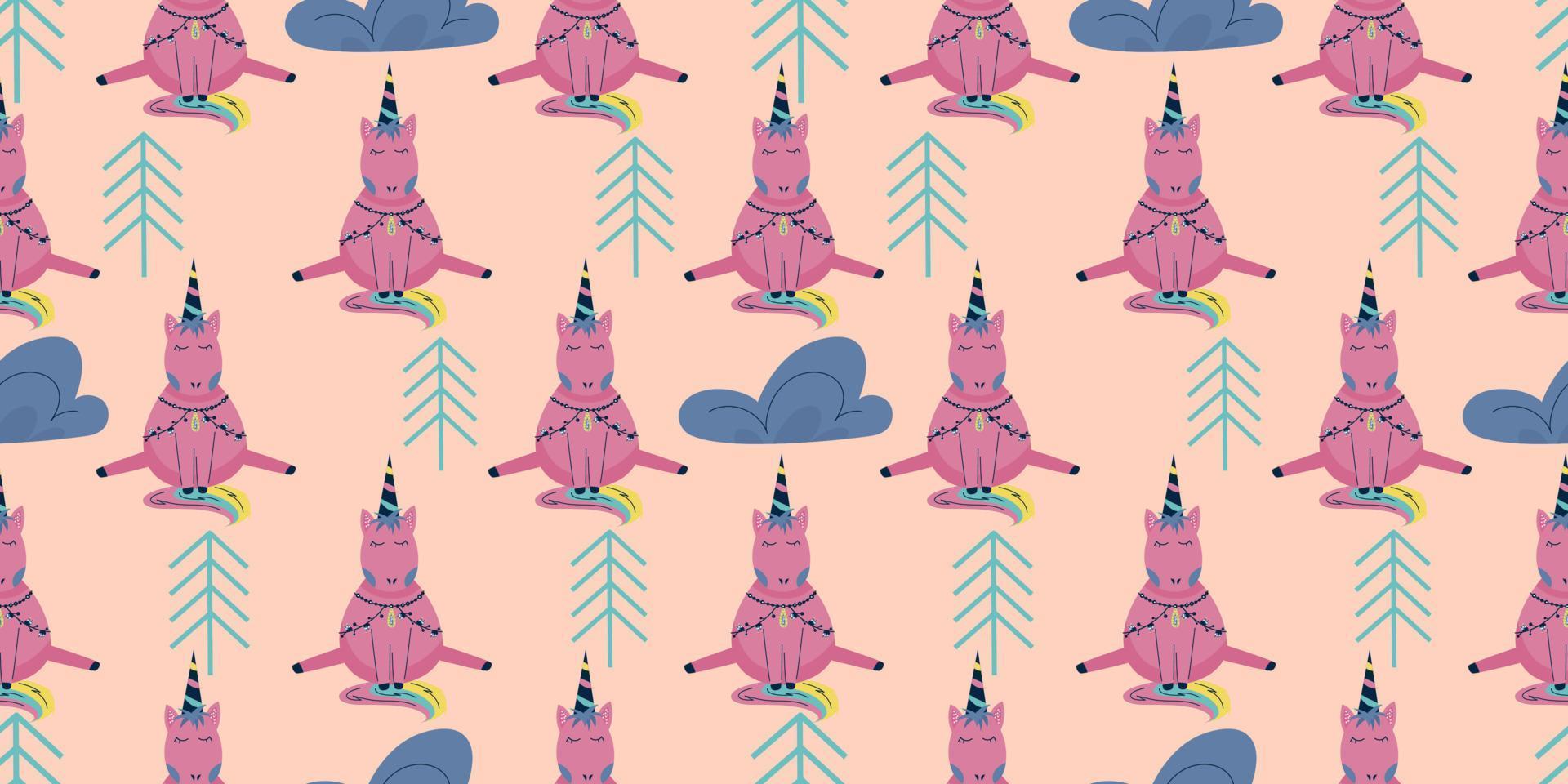 Scandinavian unicorn seamless pattern with cloud and tree. A pink horse with a horn sits on a pink background. Children's textile with a bright rainbow. vector