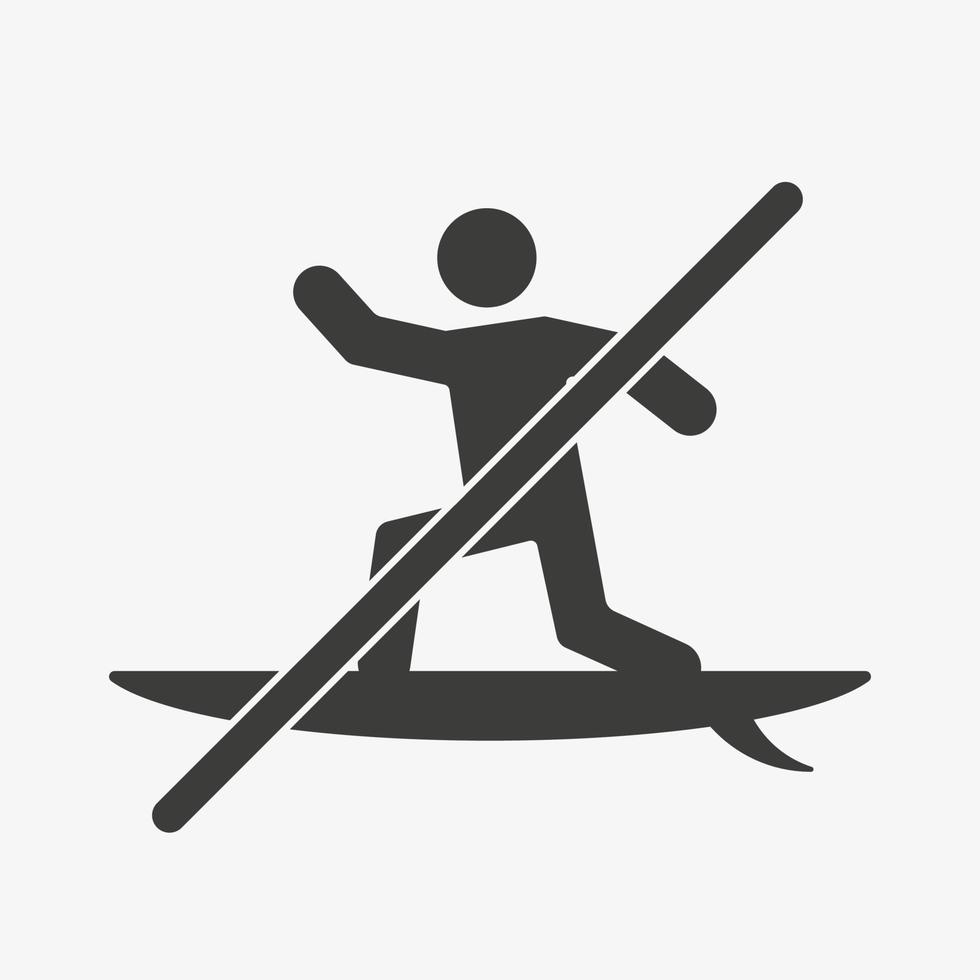 icono de vector de surf cruzado aislado sobre fondo blanco. prohibir el pictograma de deportes acuáticos de verano. símbolo de surf.