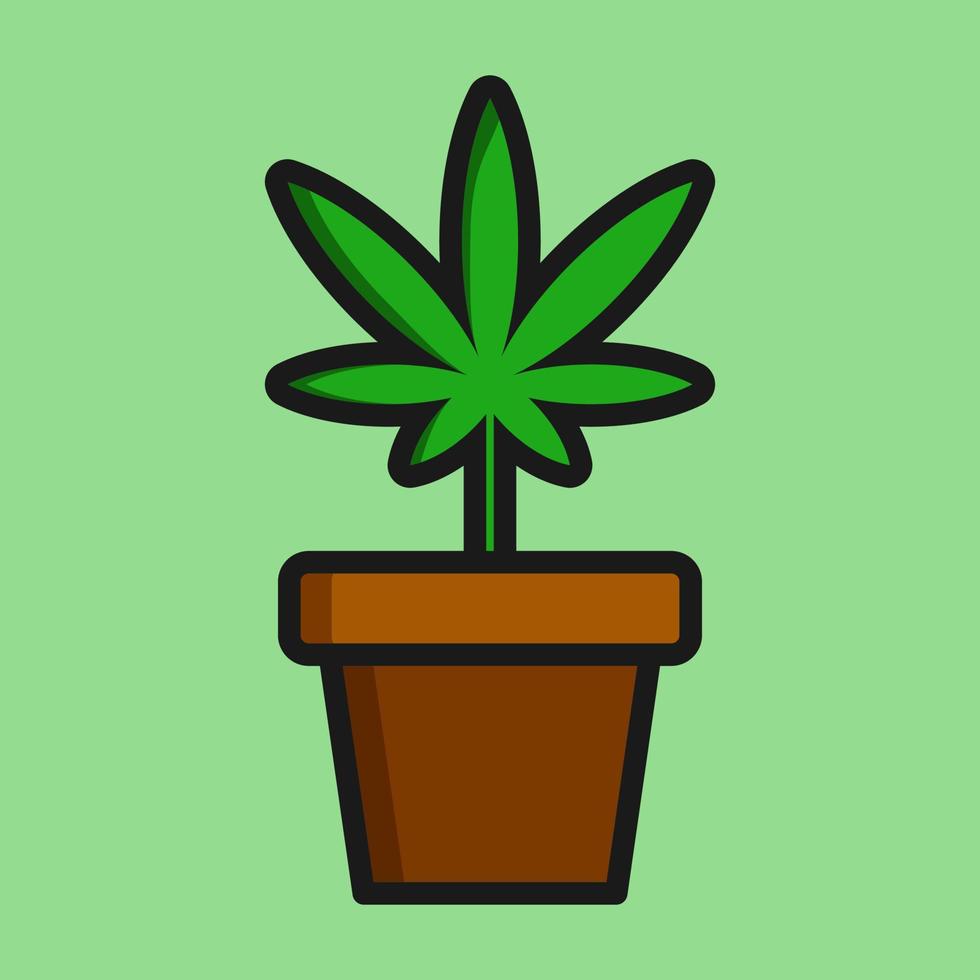 Marijuana in flowerpot vector illustration on light green background. Growing weed symbol.