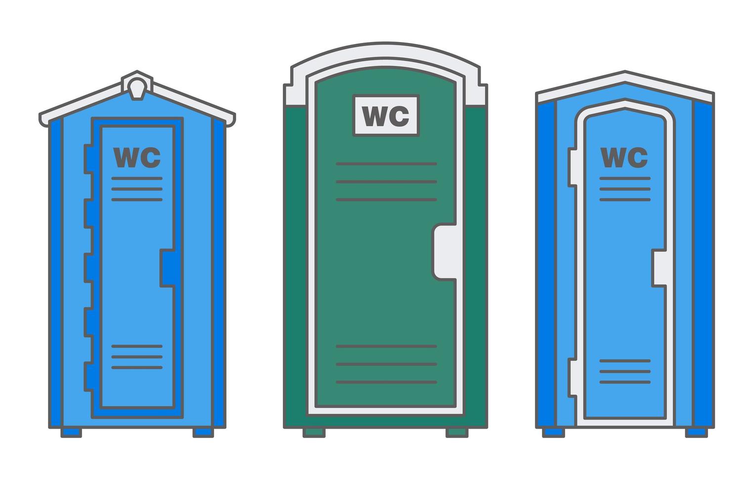 Mobile portable bio toilet. Front view. Blue plastic closet WC. Vector icon set