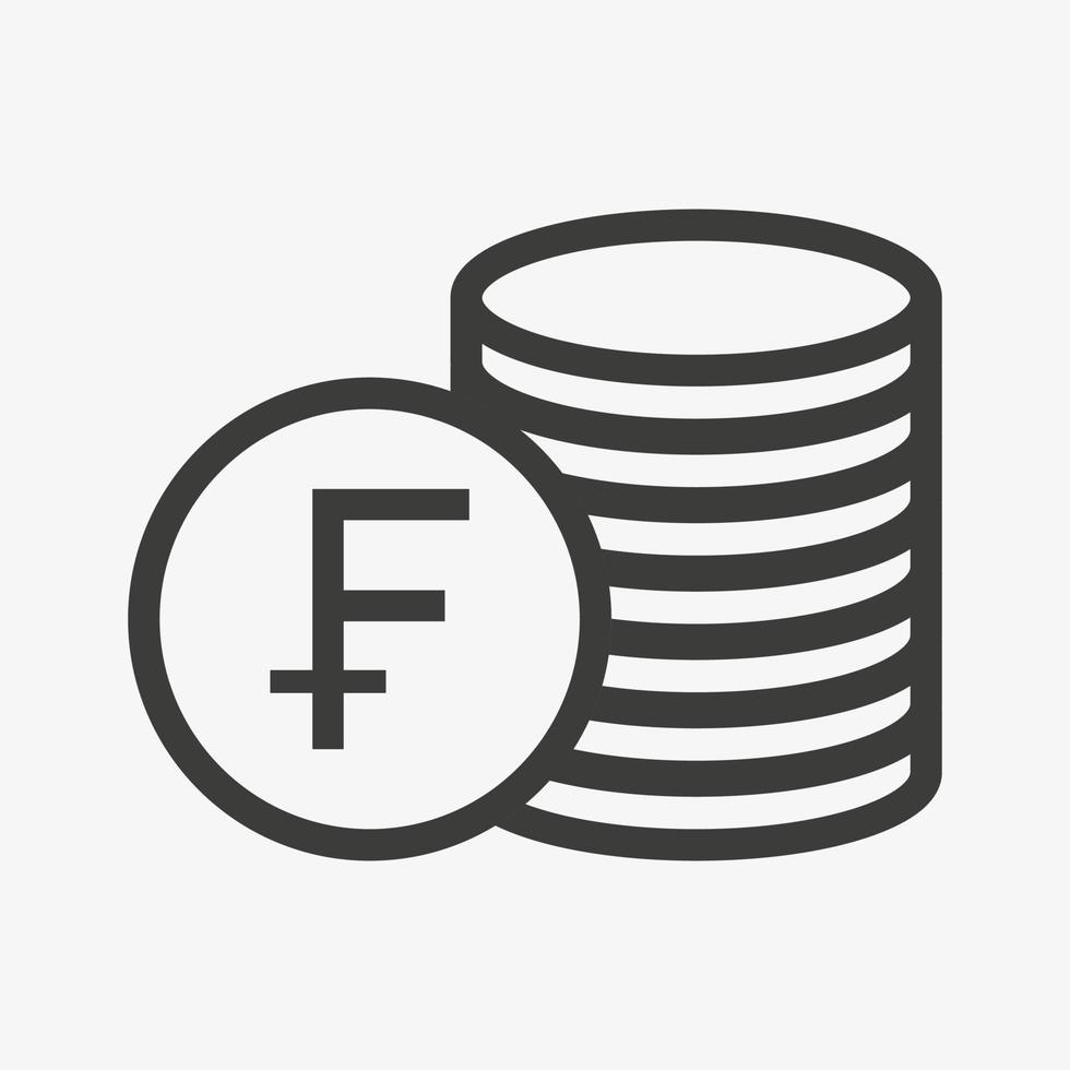 Swiss Franc icon. Money outline vector illustration. Pile of coins icon isolated on white background. Stacked cash. Swiss currency symbol.