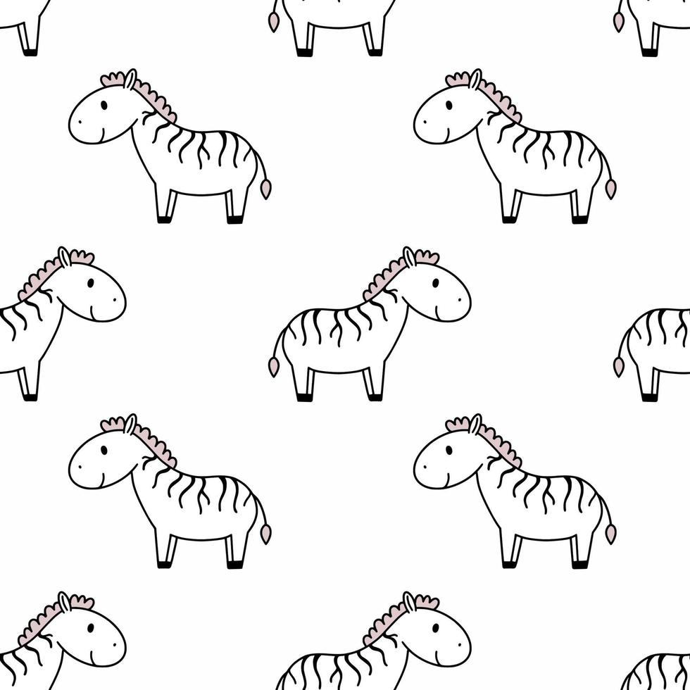 Seamless pattern cute zebra. Vector doodle illustration. Background for sewing children clothes and print on fabric. Wallpaper for nursery.