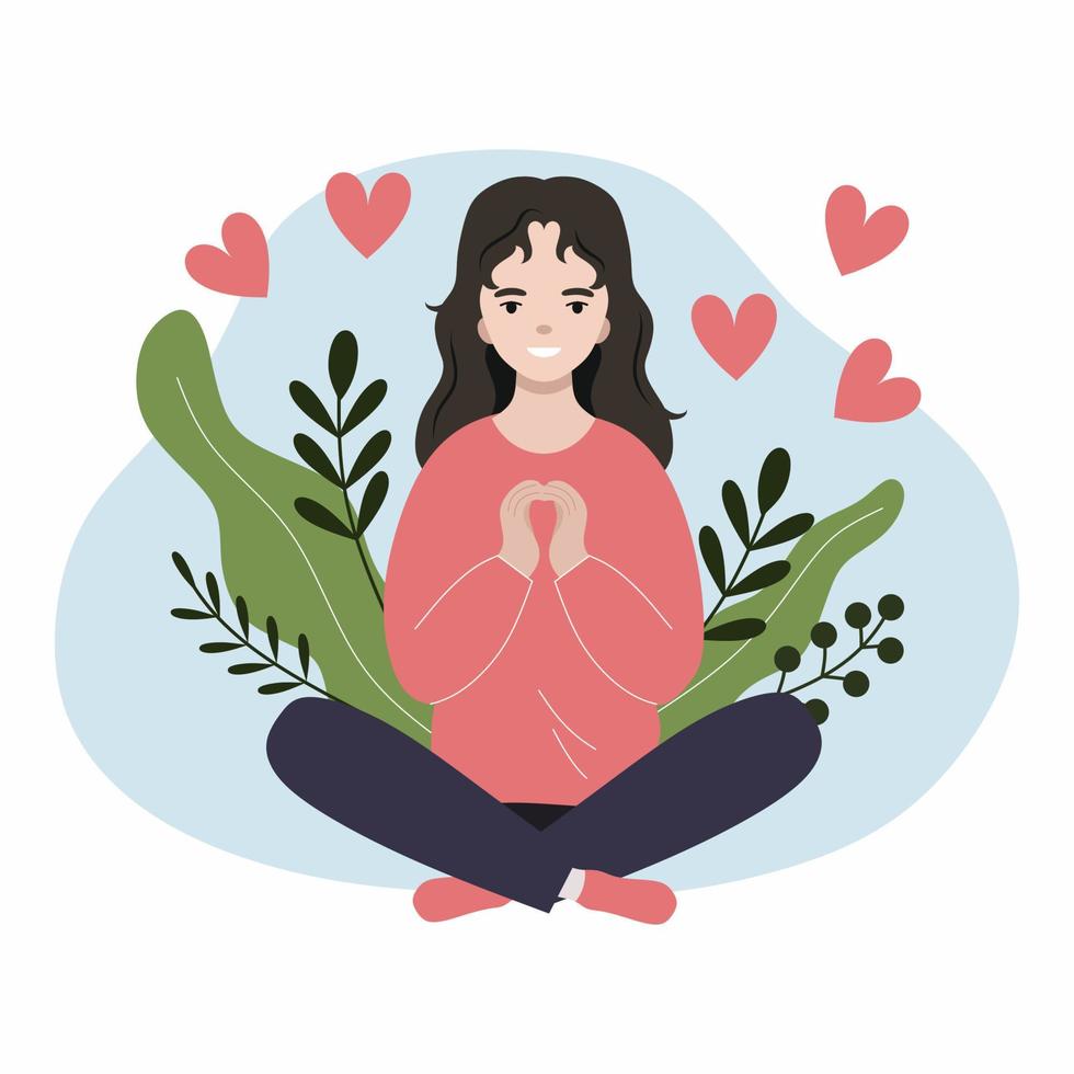 Beautiful girl in lotus position. Woman holds hands in shape heart. Love yourself. vector