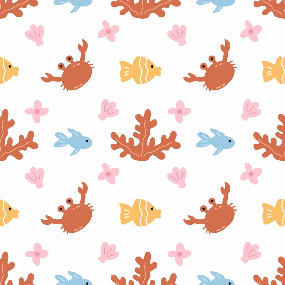 Seamless pattern. Seabed and underwater world. Cute crab, fish and seaweed. Nursery background. Endless wallpaper for printing on fabric. vector