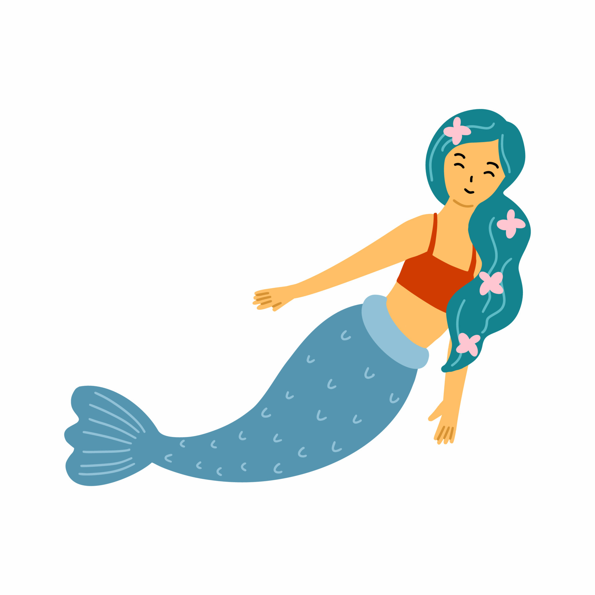 Cute mermaid on white background. Doodle illustration on marine theme