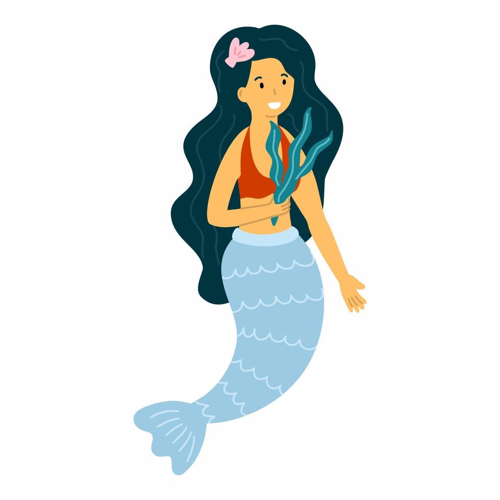 Mermaid with beautiful smile. Cute doodle illustration. Princess for girl. Hero of book. vector