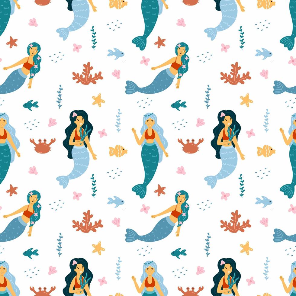 patrón sin costuras con sirena. lindo fondo de pantalla para guardería. vida marina. fondo para imprimir en tela. papel de embalaje princesa para niña. vector