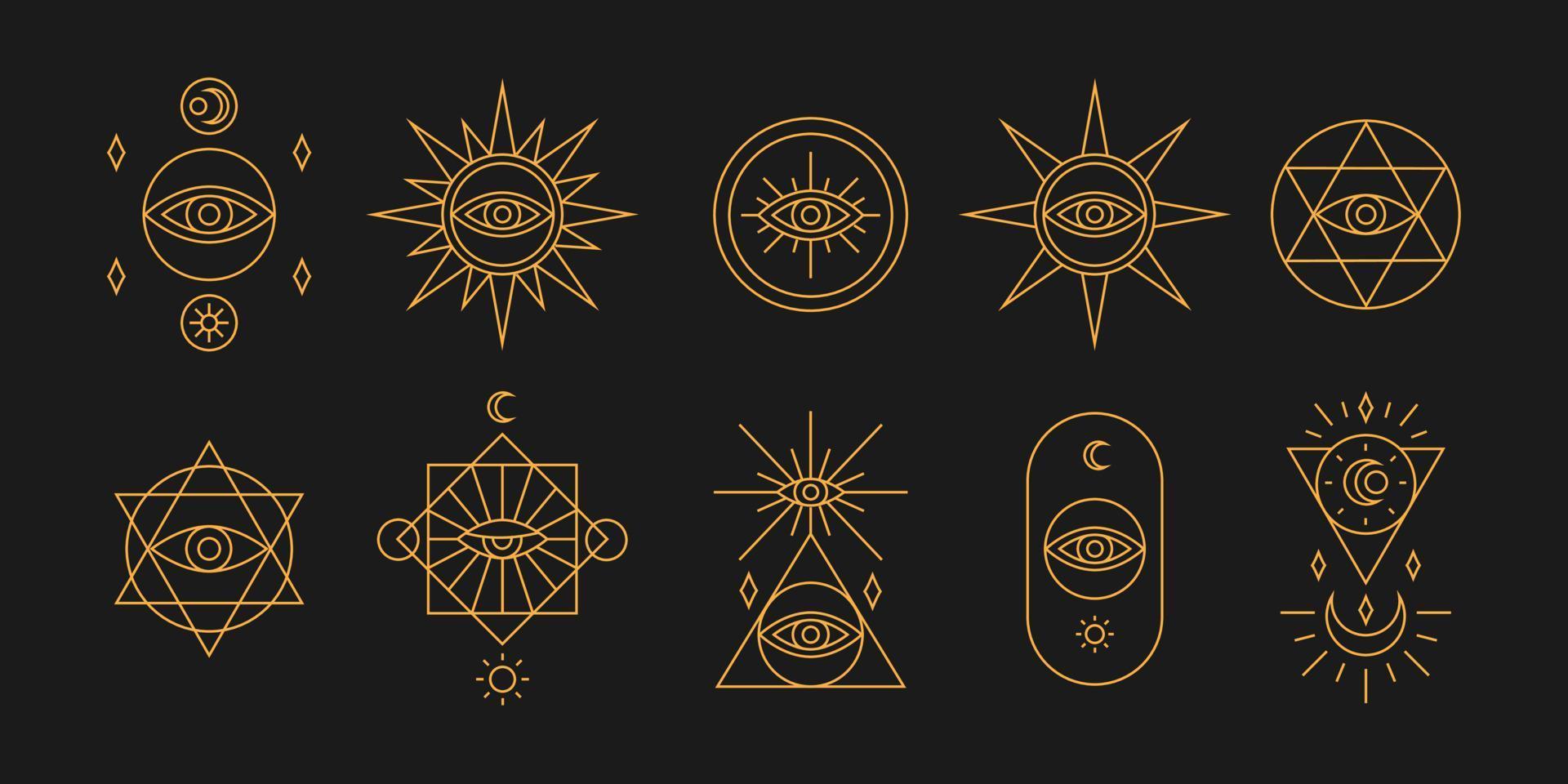 conjunto de símbolos del tarot ilustrado en marrón dorado. vector