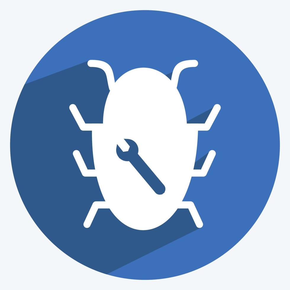 Bug Fixing Icon in trendy long shadow style isolated on soft blue background vector