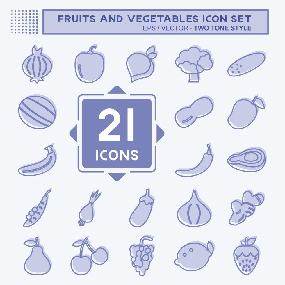 Fruits and Vegetables Icon Set in trendy two tone style isolated on soft blue background vector