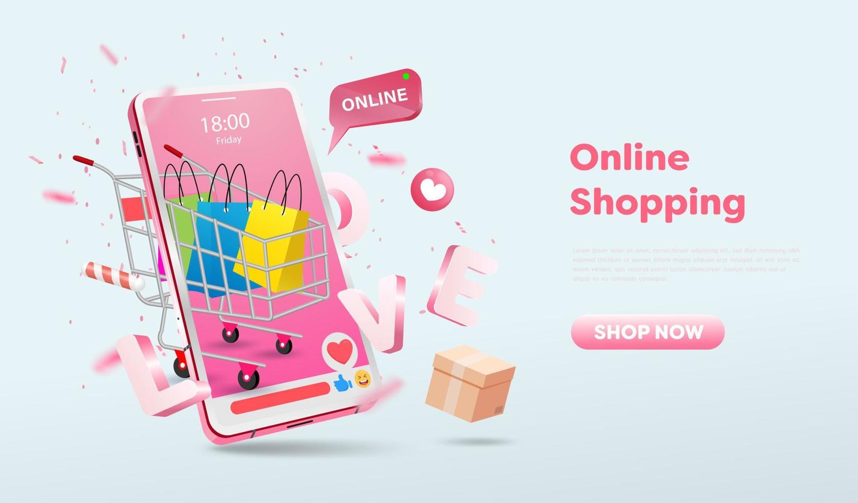 tienda de compras en línea en el sitio web y diseño de teléfonos móviles. concepto de día de san valentín de marketing empresarial inteligente. vista horizontal ilustración vectorial vector