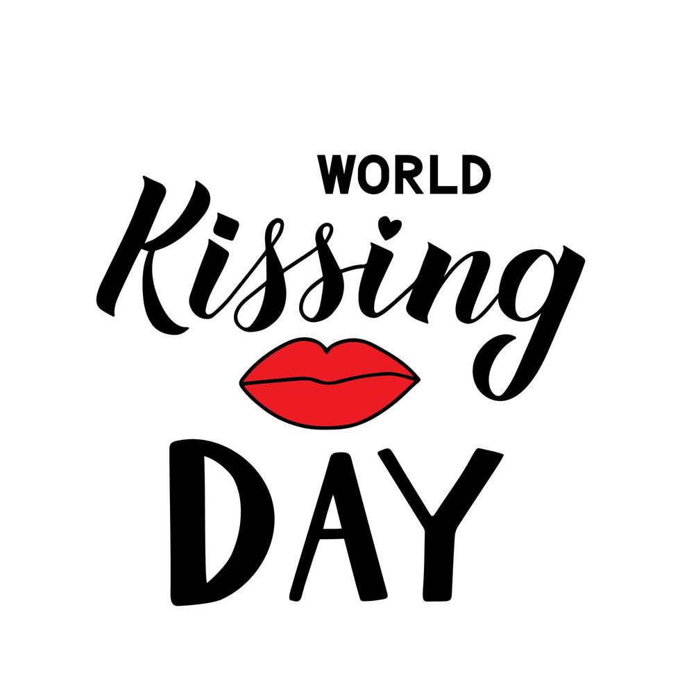 Letras de la mano del día mundial de los besos con labios rojos aislados en blanco. Plantilla fácil de editar para afiches tipográficos, pancartas, calcomanías, volantes, insignias, tomas en T, etc. vector