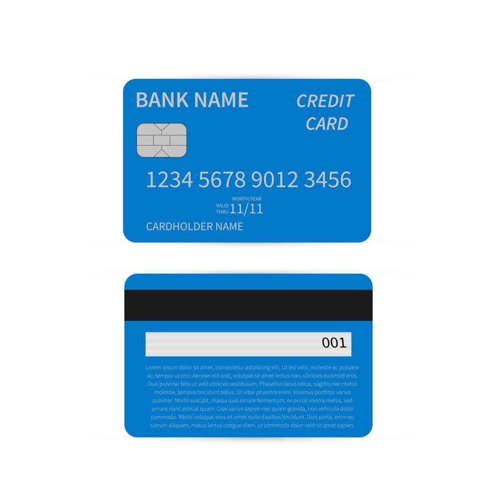 Blue plastic credit card isolated on white. Front and back sides. Flat design style vector illustration. Online payment, banking and shopping concept.