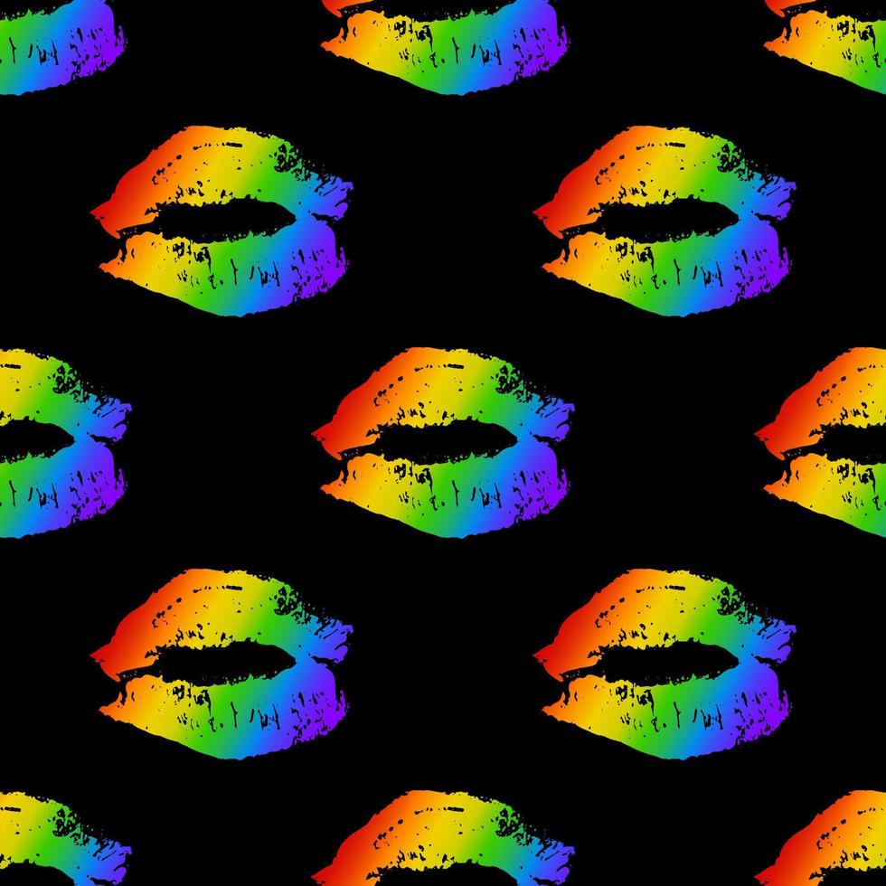 Rainbow lipstick kiss on black seamless pattern. LGBT community background. Gay pride vector illustration. Imprint of the lips. International Day Against Homophobia poster, sign, greeting card.