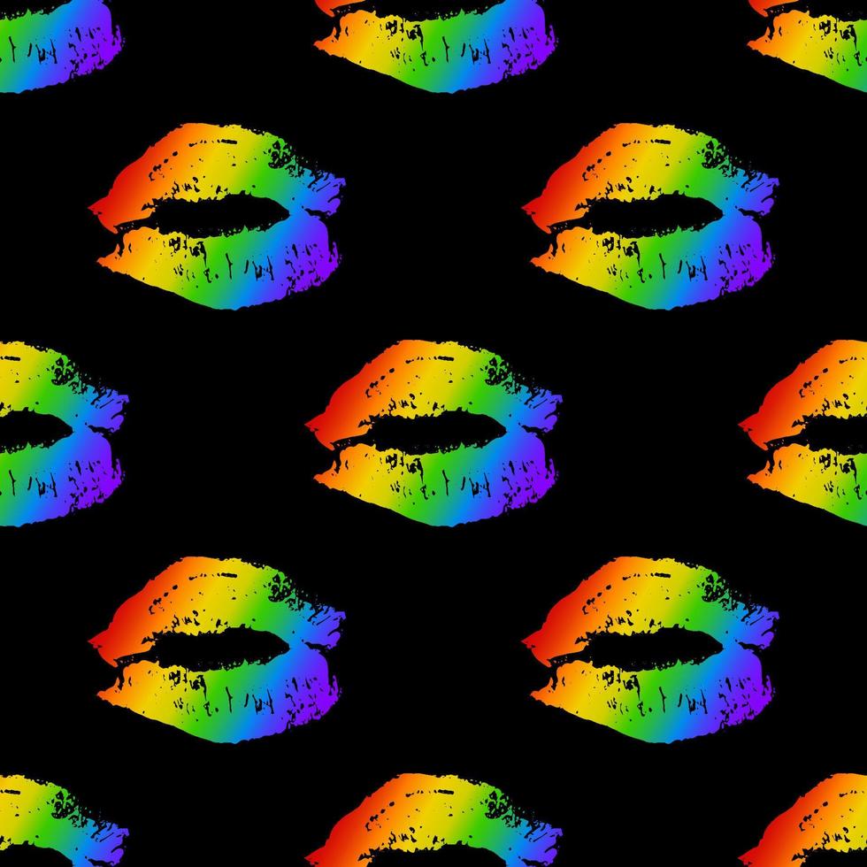 Rainbow lipstick kiss on black seamless pattern. LGBT community background. Gay pride vector illustration. Imprint of the lips. International Day Against Homophobia poster, sign, greeting card.