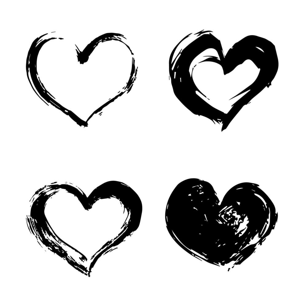 conjunto de cuatro corazones negros dibujados a mano aislados en blanco. Ilustración de vector de corazón grunge. formas ásperas. efecto de pintura de acuarela o acrílico. tema del día de san valentín.